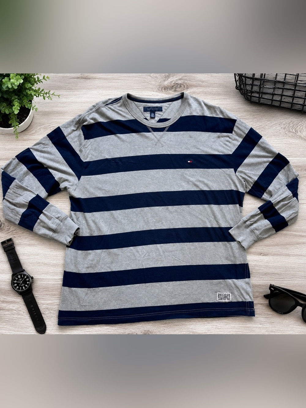 Tommy Hilfiger Gray and Navy Horizontal Stripe Long Sleeve Tee